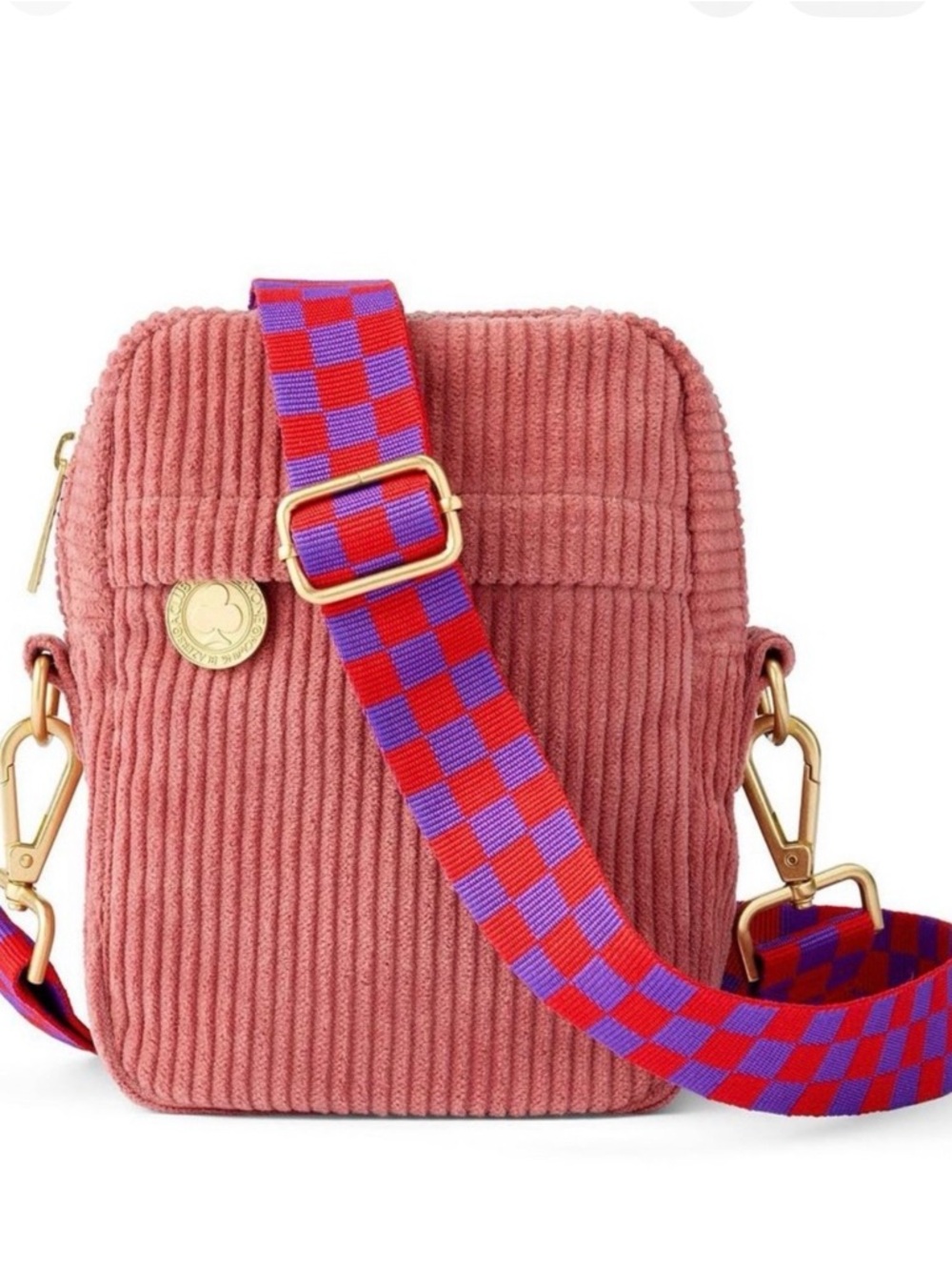 Rowing Blazers  Dusty Pink Corduroy Crossbody with Red-and-Purple Checker Strap